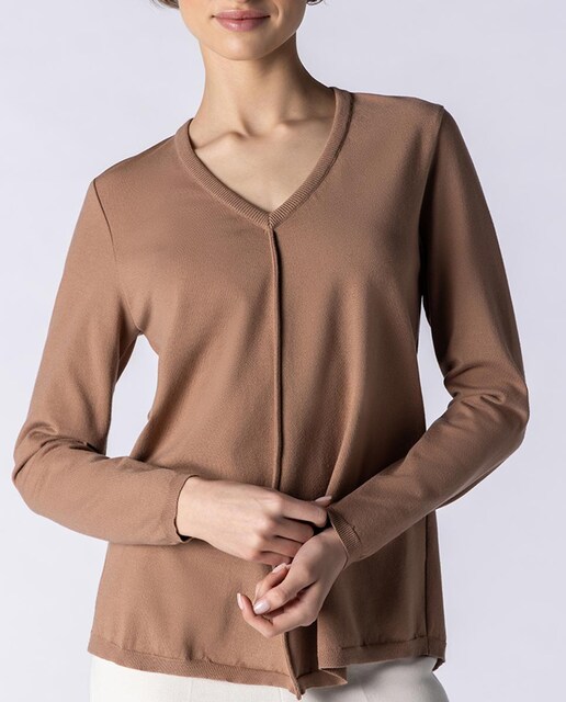 Imagen 0 de Jersey de mujer en punto liso de manga larga y cuello pico