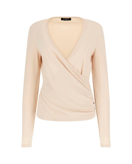 Imagen 0 de Top crema de manga larga con escote cruzado de mujer