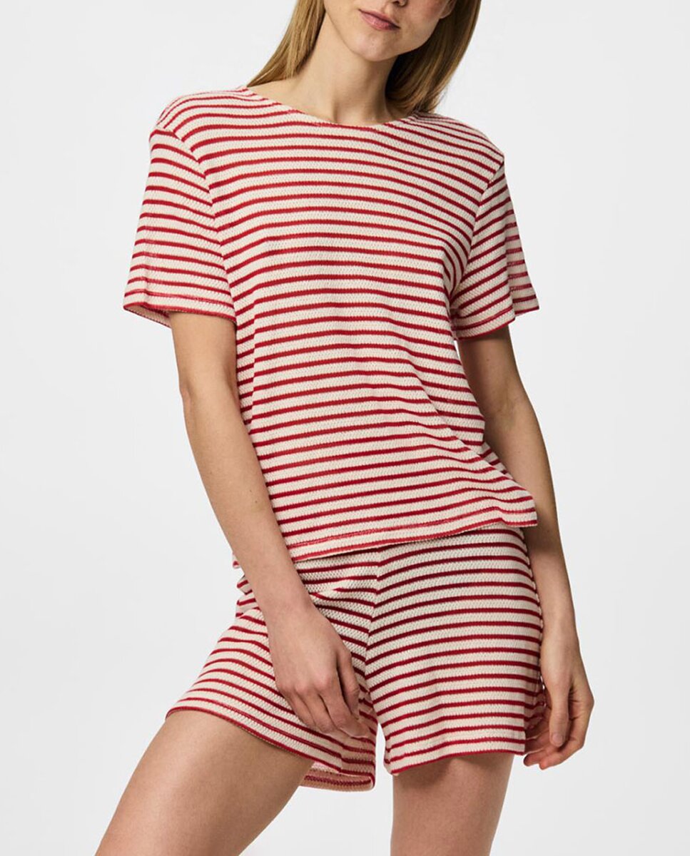 Imagen 0 de Camiseta de rayas, manga corta de punto calado de mujer.