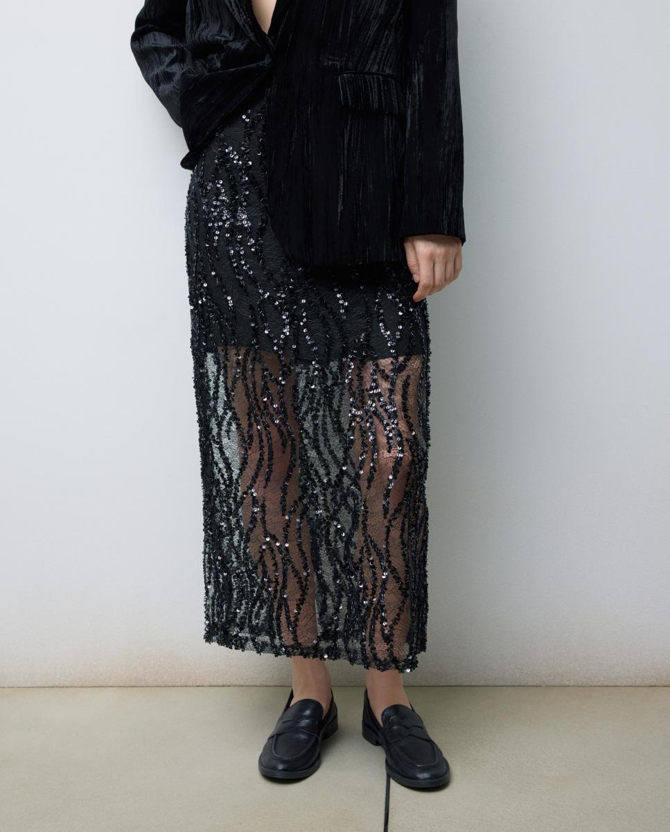 Imagen 0 de Falda midi con transparecias y lentejuelas