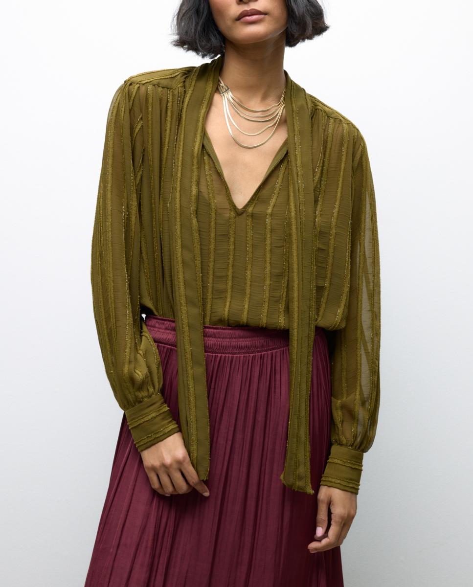 Imagen 0 de Blusa de mujer manga larga con rayas y lazada en el cuello