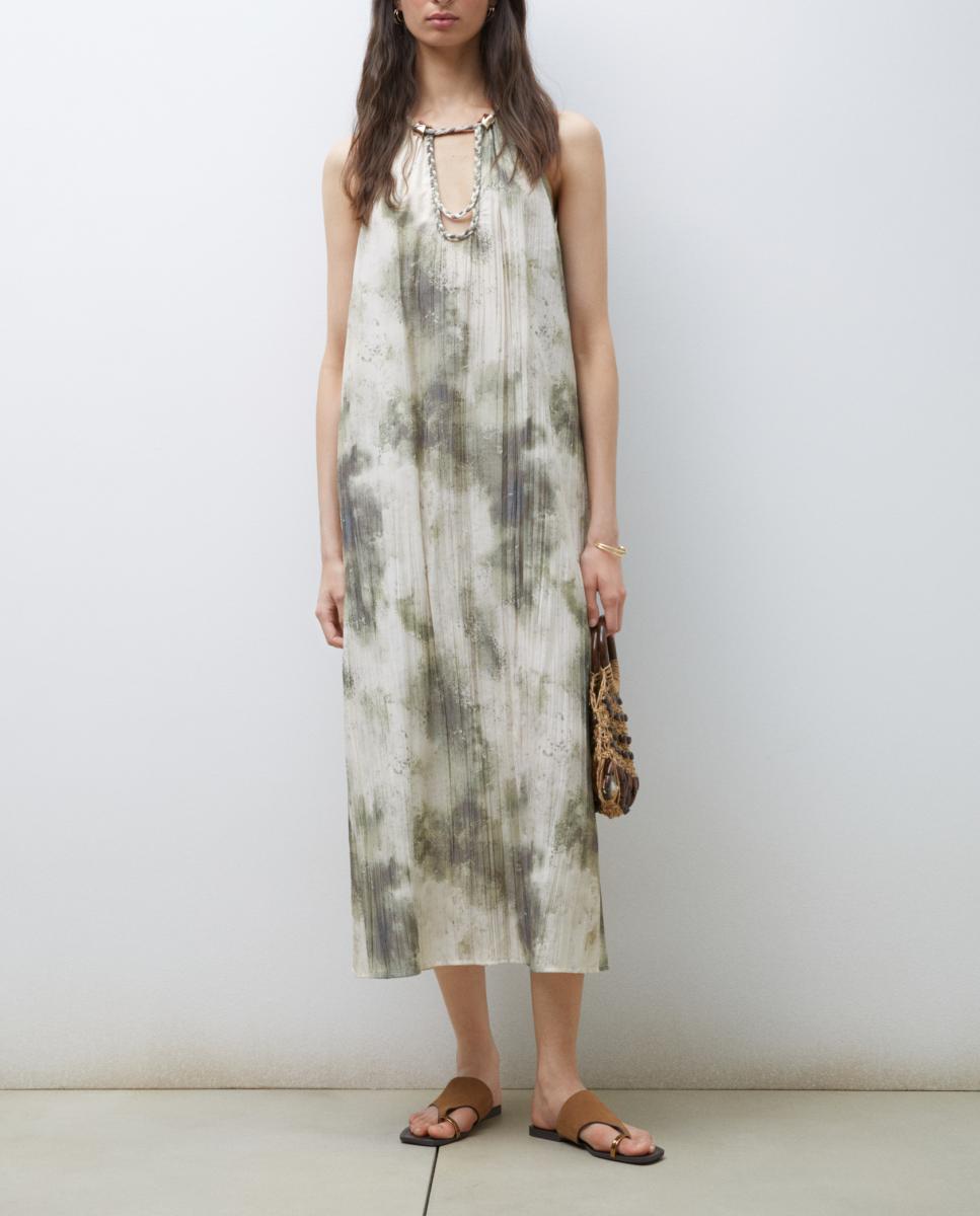Imagen 0 de Vestido sin mangas estampado halter midi con detalle de trenza