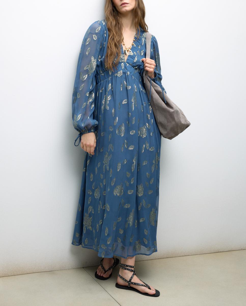 Imagen 0 de Vestido midi manga larga jacquard con brillo