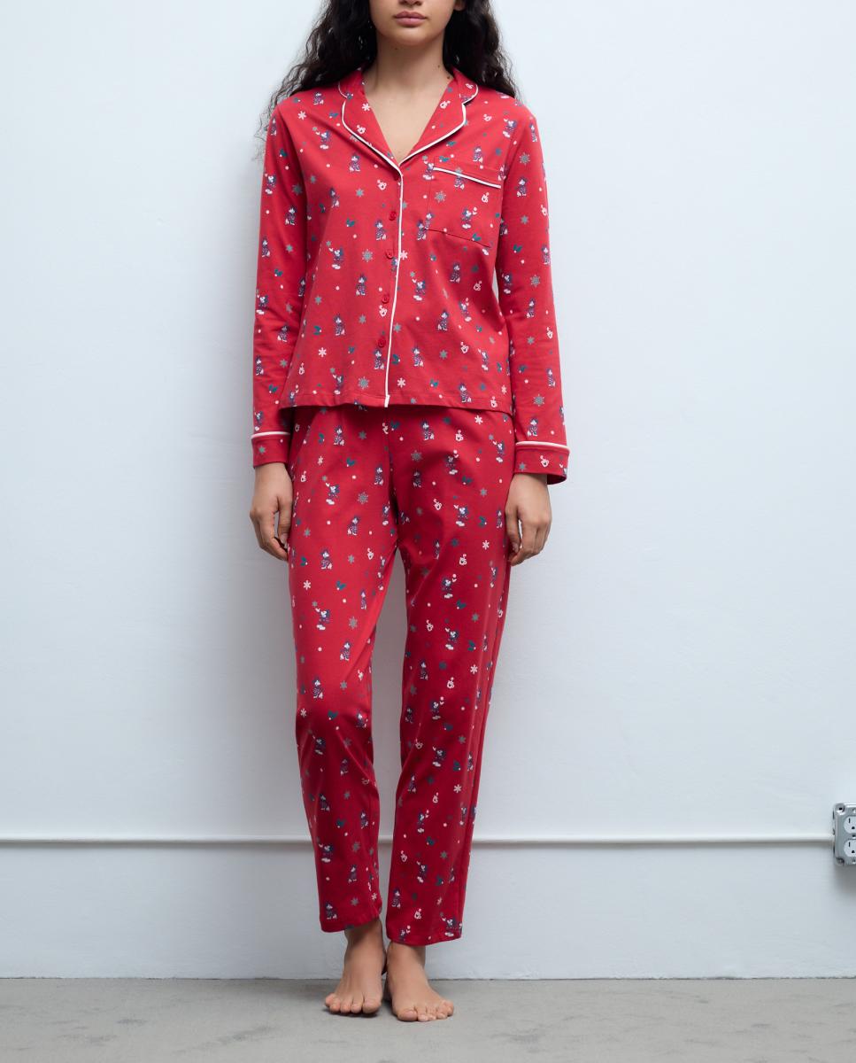 Imagen 0 de Pijama de mujer completo estampado Minnie y tazas con solapa manga larga y pantalón largo