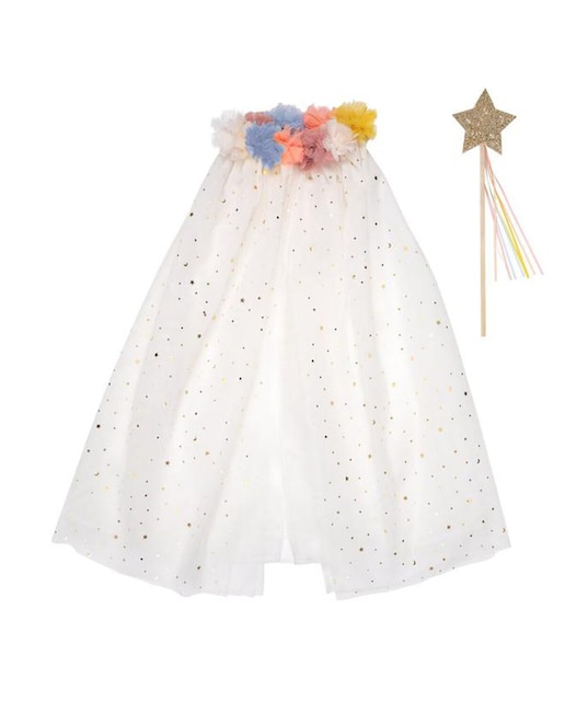 Imagen 0 de Capa Meri Meri blanca con cuello de pompones y varita dorada talla 3-6 años.