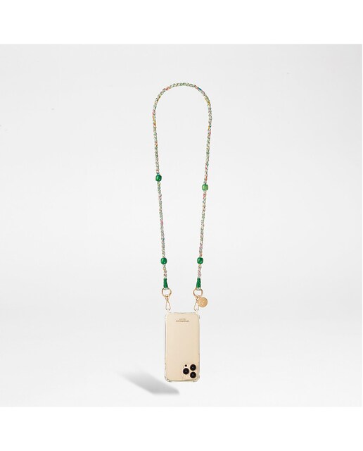 Imagen 0 de Cadena de bisutería Elia La Coque Française de 120 cm de largo con flores verdes cuentas de madera verdes y mosquetones dorados