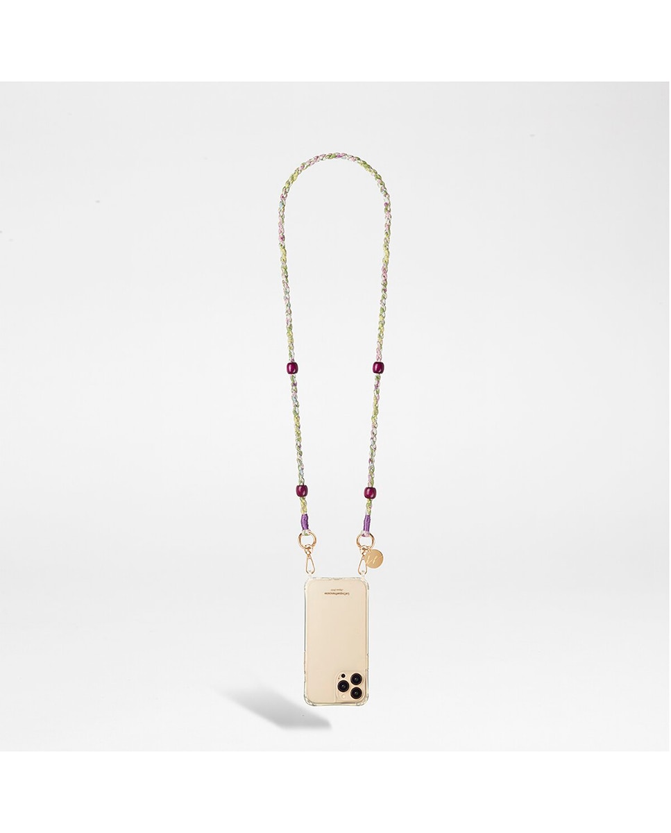 Imagen 0 de Cadena de bisutería Elia La Coque Française verde y rosa floreada con cuentas de madera moradas y mosquetones dorados 120 cm de largo