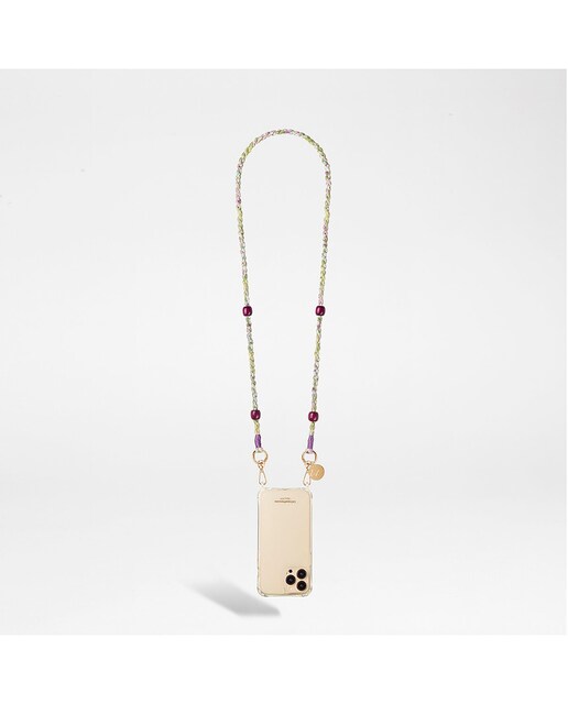 Imagen 0 de Cadena de bisutería Elia La Coque Française verde y rosa floreada con cuentas de madera moradas y mosquetones dorados 120 cm de largo