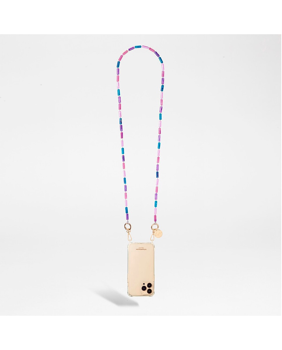 Imagen 0 de Cadena de bisutería Emily La Coque Française 120 cm de largo cuentas rosa y azul púrpura con hilo rosa neón y mosquetones dorados