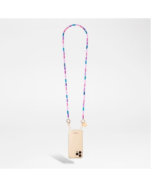 Imagen 0 de Cadena de bisutería Emily La Coque Française 120 cm de largo cuentas rosa y azul púrpura con hilo rosa neón y mosquetones dorados