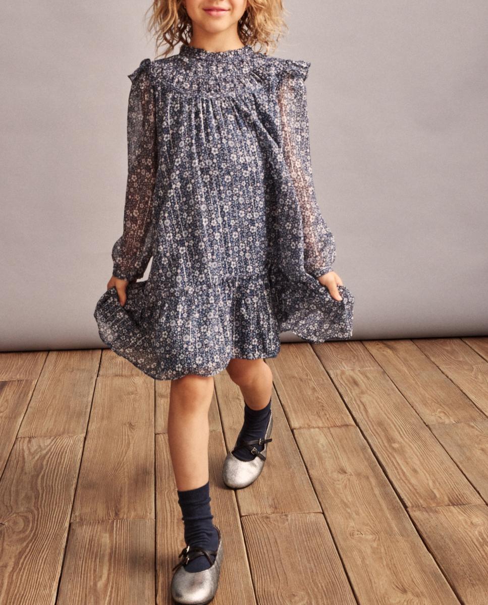 Imagen 0 de Vestido manga larga fluido en plumeti all over print de niña