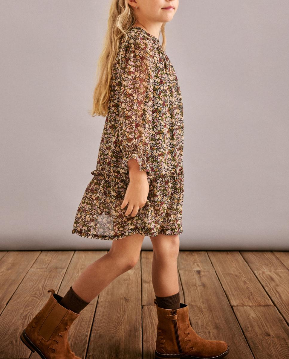 Imagen 0 de Vestido manga larga gasa algodón lurex all over print floral multicolor de niña