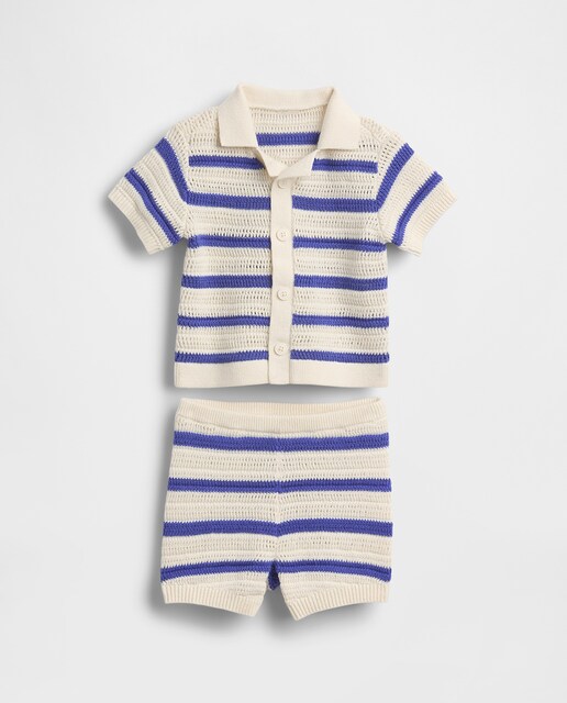 Imagen 0 de Conjunto de camisa de punto de crochet de algodón suave y pantalón corto sin cordones de bebé