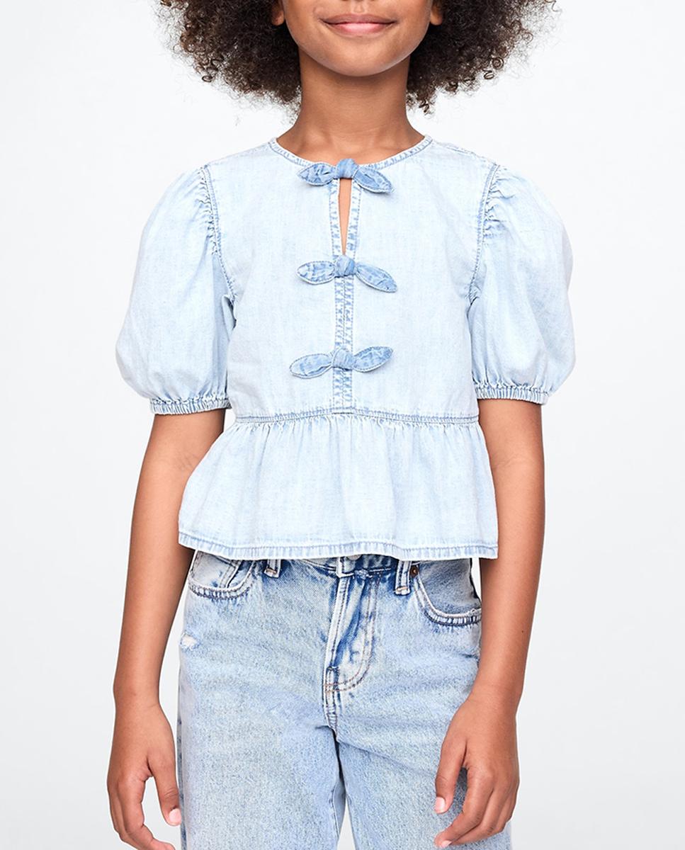 Imagen 0 de Blusa con cuello redondo y manga corta abullonada de niña