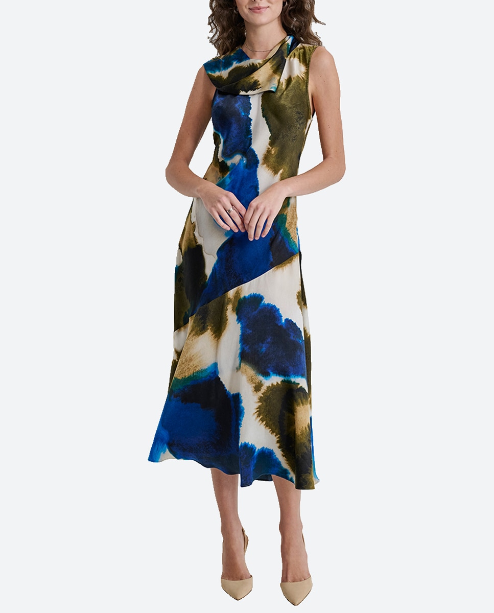 Imagen 0 de Vestido midi sin mangas con lazada al cuello