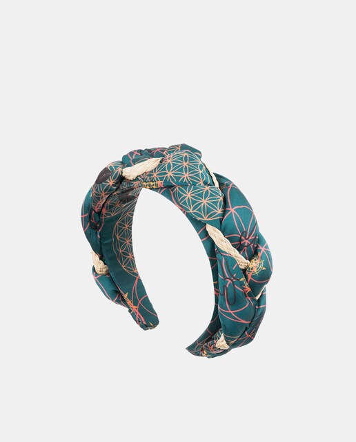 Diadema Thank you Mother trenzada en tono turquesa estampado