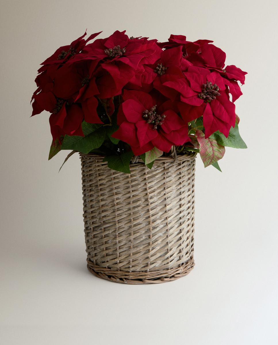 Imagen 0 de Flor de Ponsetia artificial XL en maceta de ratán Navidad
