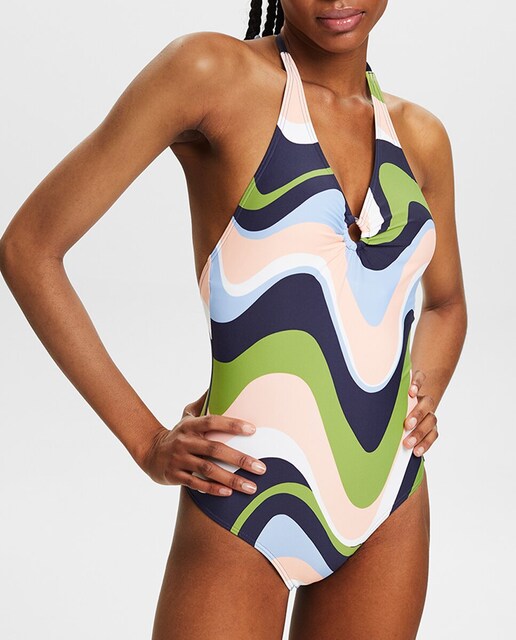 Imagen 0 de Bañador halter estampado ondas sin relleno sin aro.
