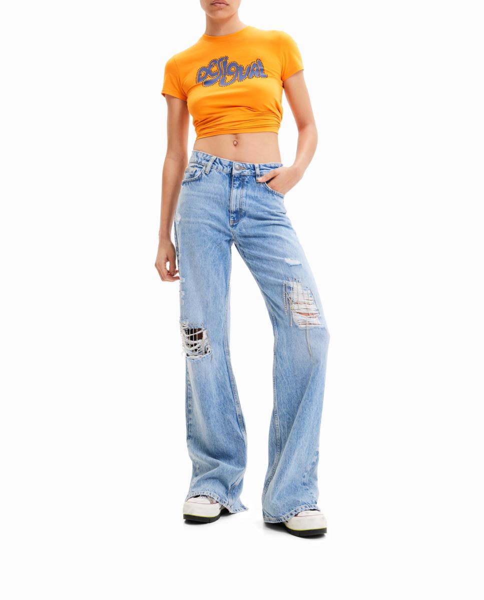 Imagen 0 de Vaqueros Wide leg strass de mujer