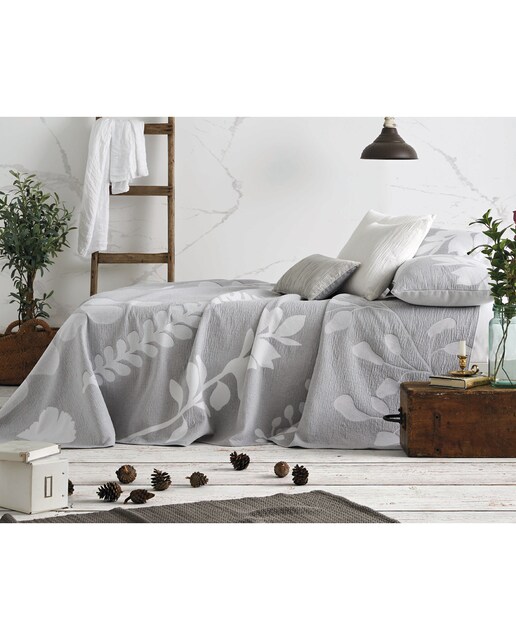 Set colcha y cojín jacquard algodón hojas