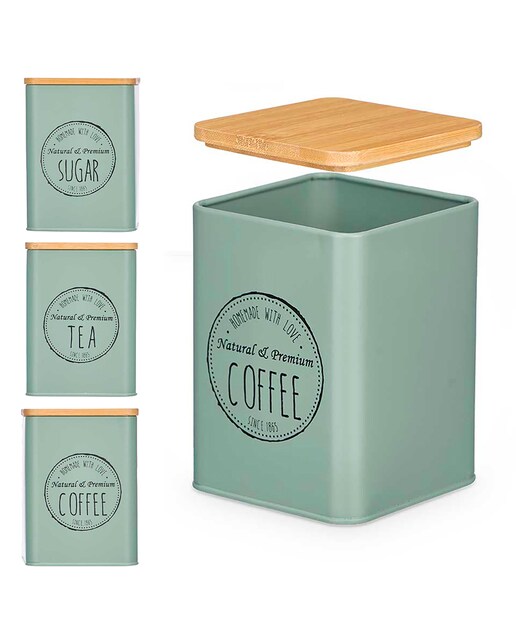 Imagen 0 de Pack 3 tarros con tapa de bambú color verde menta surtido de 3 diseños "Coffee, Sugar y Tea".