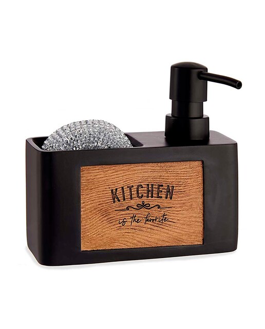 Imagen 0 de Dispensador negro con compartimento para estropajo. Grabado de madera diseño "Kitchen". Incluye estropajo.