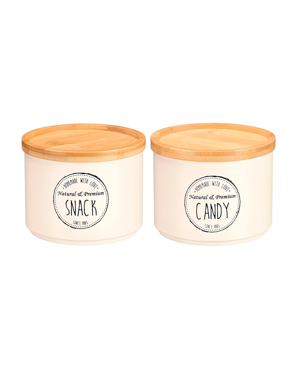 Imagen 0 de Pack 2 tarros crema apilables con tapa de bambú. Diseños surtidos "Snack" y "Candy".