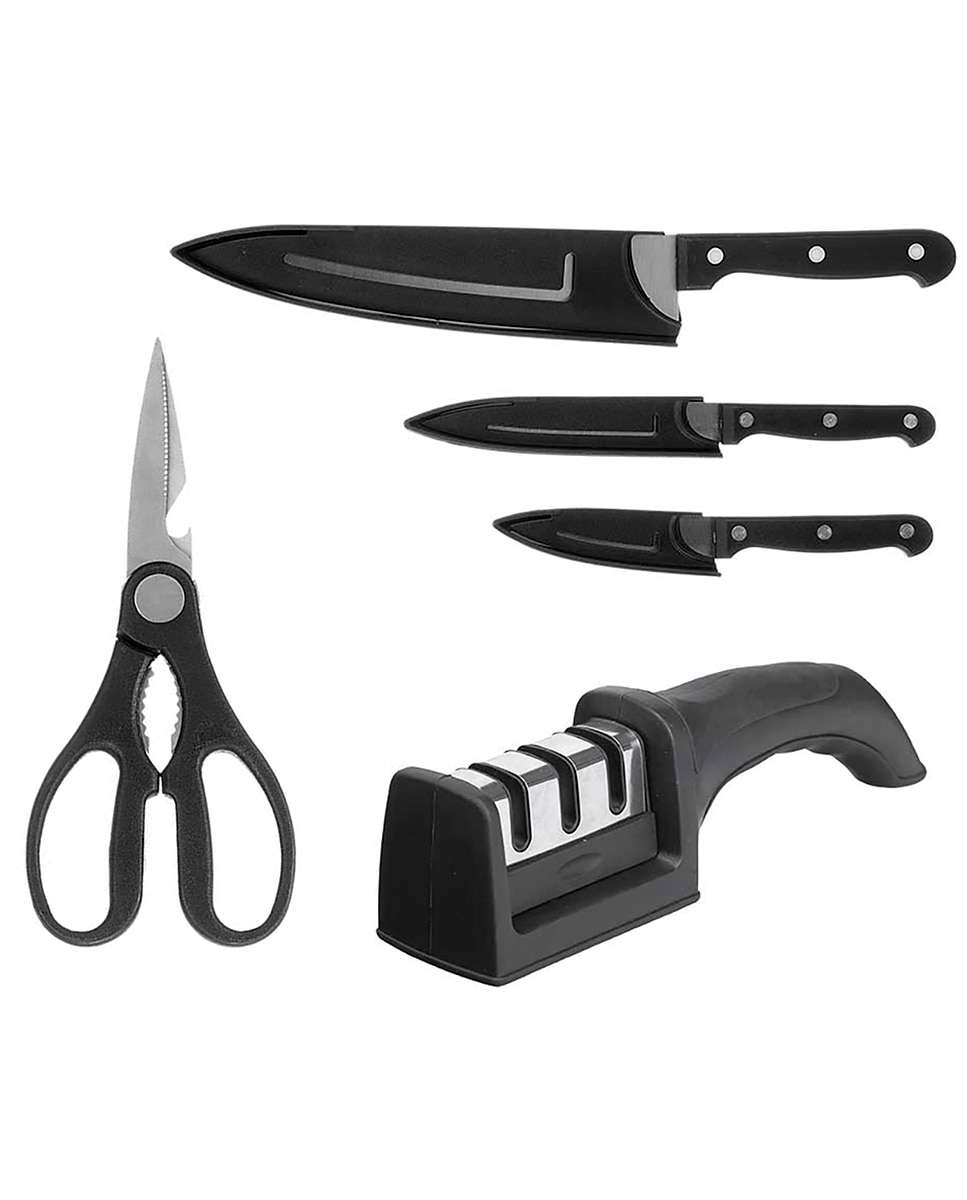 Imagen 0 de Set de cocina negro con 3 cuchillos, unas tijeras y un afilador.