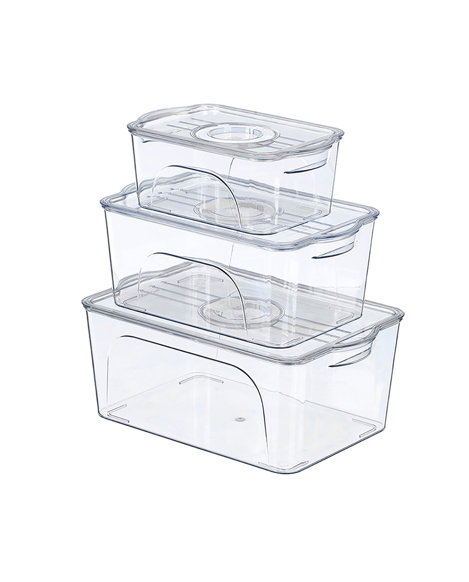 Imagen 0 de Set 3 organizadores transparentes para nevera con tapa y aro blanco con fecha.