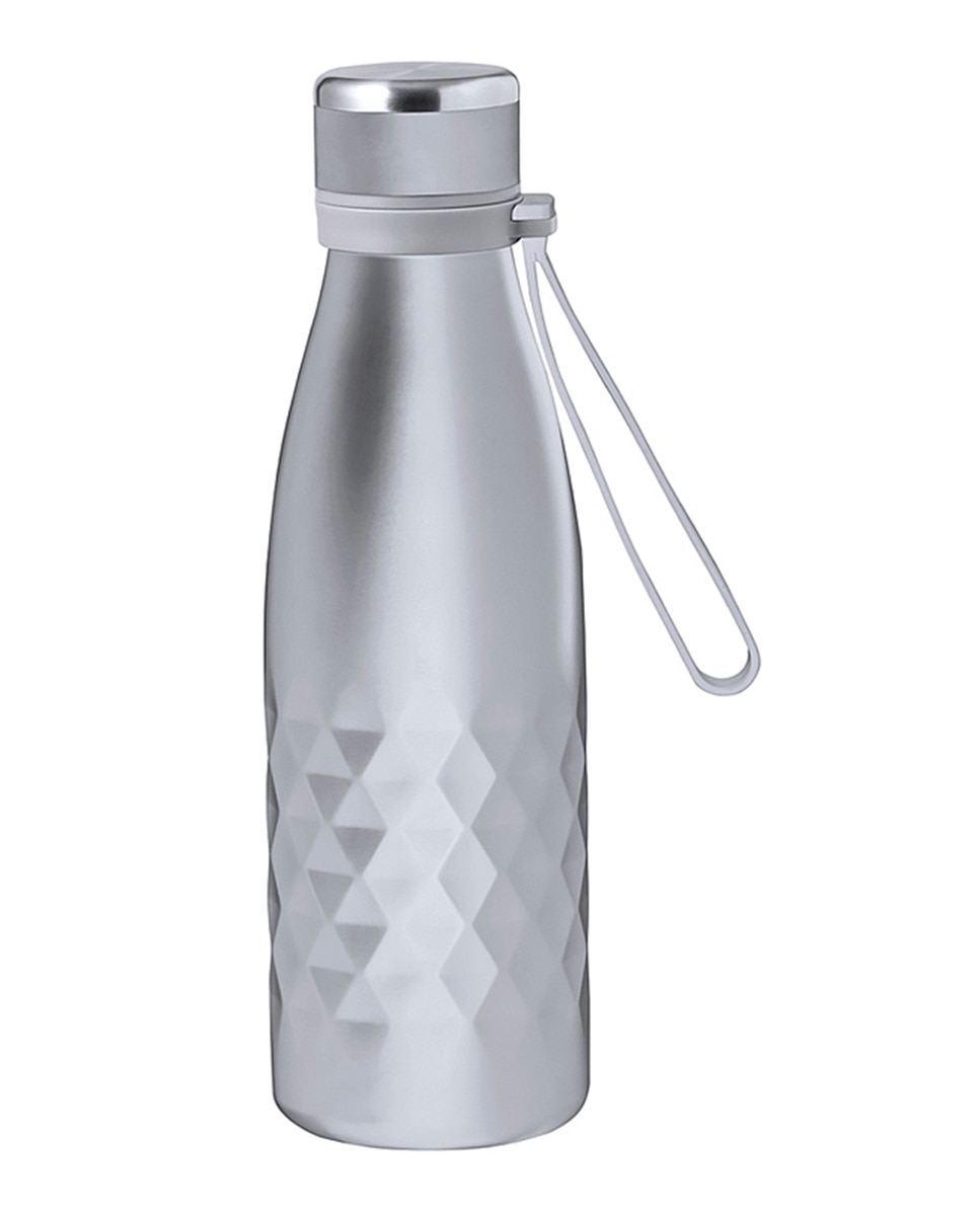 Imagen 0 de Bidón térmico de 550 ml de capacidad en acero inox de doble pared, con tapón a rosca y asa a juego en silicona.