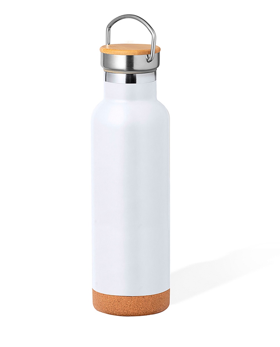 Imagen 0 de Bidón térmico de 650 ml de capacidad en acero inox de doble pared. Incluye tapón a rosca en acero inox, con detalle de bambú y asa integrada.