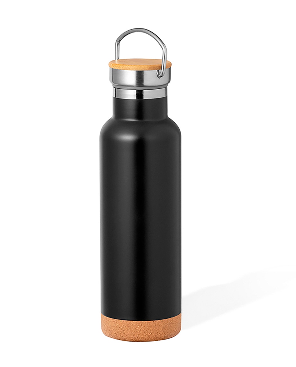 Imagen 0 de Bidón térmico de 650 ml de capacidad en acero inox de doble pared. Incluye tapón a rosca en acero inox, con detalle de bambú y asa integrada.
