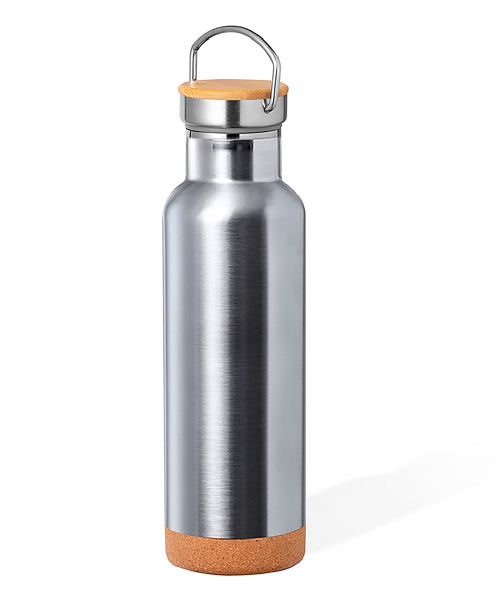 Imagen 0 de Bidón térmico de 650 ml de capacidad en acero inox de doble pared. Incluye tapón a rosca en acero inox, con detalle de bambú y asa integrada.