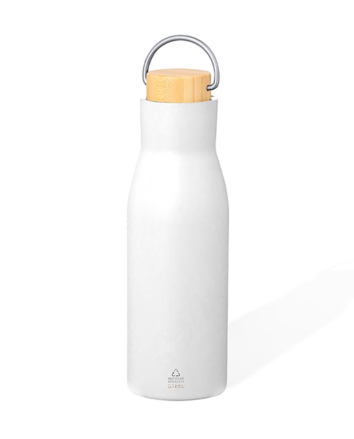 Imagen 0 de Bidón térmico de 500 ml de capacidad en Acero Inox Reciclado de doble pared. Incluye tapón a rosca en acero inox con detalle de bambú y asa integrada.