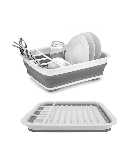 Imagen 0 de Escurridor de platos plegable con orificios en la base, diseñado para secar y organizar utensilios de cocina de forma práctica.