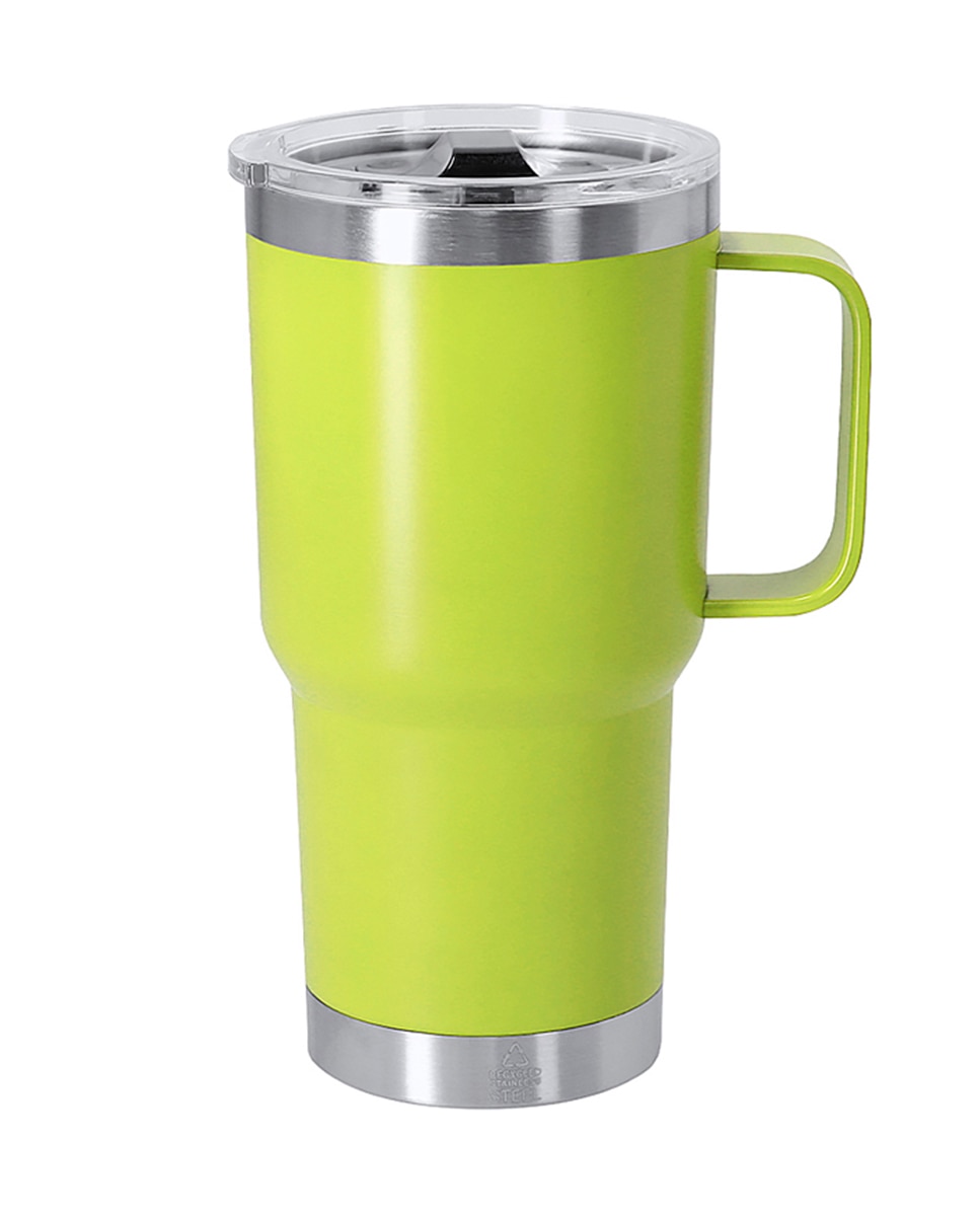Imagen 0 de Taza térmica en acero inox reciclado con doble pared y 600 ml de capacidad. Incluye tapa con cierre a presión, dosificador y asa rígida.