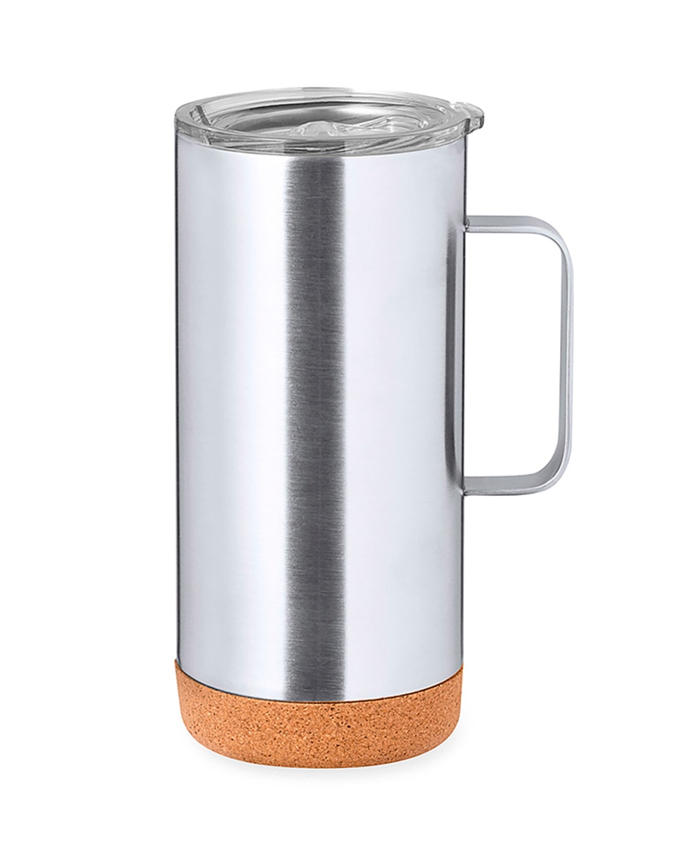 Imagen 0 de Taza térmica en acero inox reciclado de doble pared y 450 ml de capacidad. Con dosificador abrefácil en tapa y base en corcho. Libre de BPA.