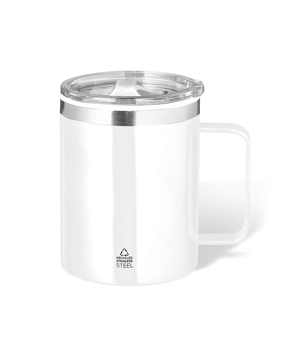 Imagen 0 de Taza térmica de sobremesa en acero inox reciclado, con doble pared y aislamiento de 400 ml. Incluye tapa con dosificador y abrefácil.