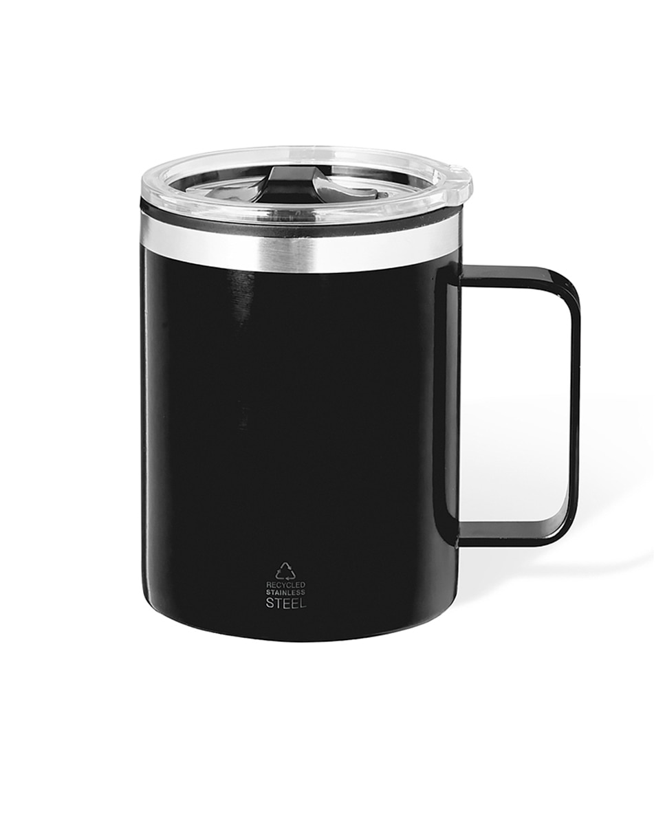 Imagen 0 de Taza térmica de sobremesa en acero inox reciclado, con doble pared y aislamiento de 400 ml. Incluye tapa con dosificador y abrefácil.