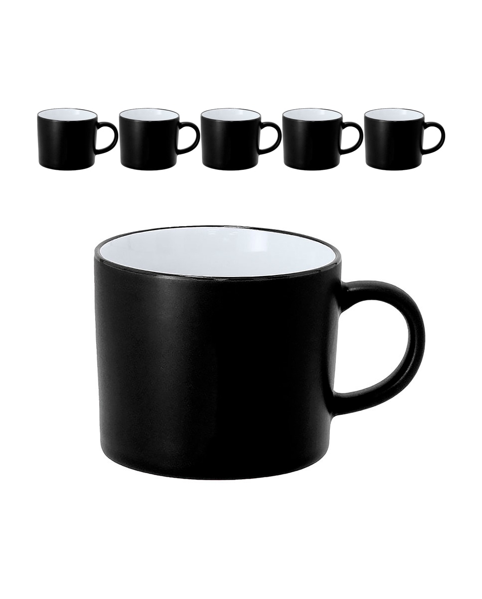 Imagen 0 de Pack de 6 Tazas de cerámica de 400 ml de capacidad de acabado exterior mate y borde en color negro.