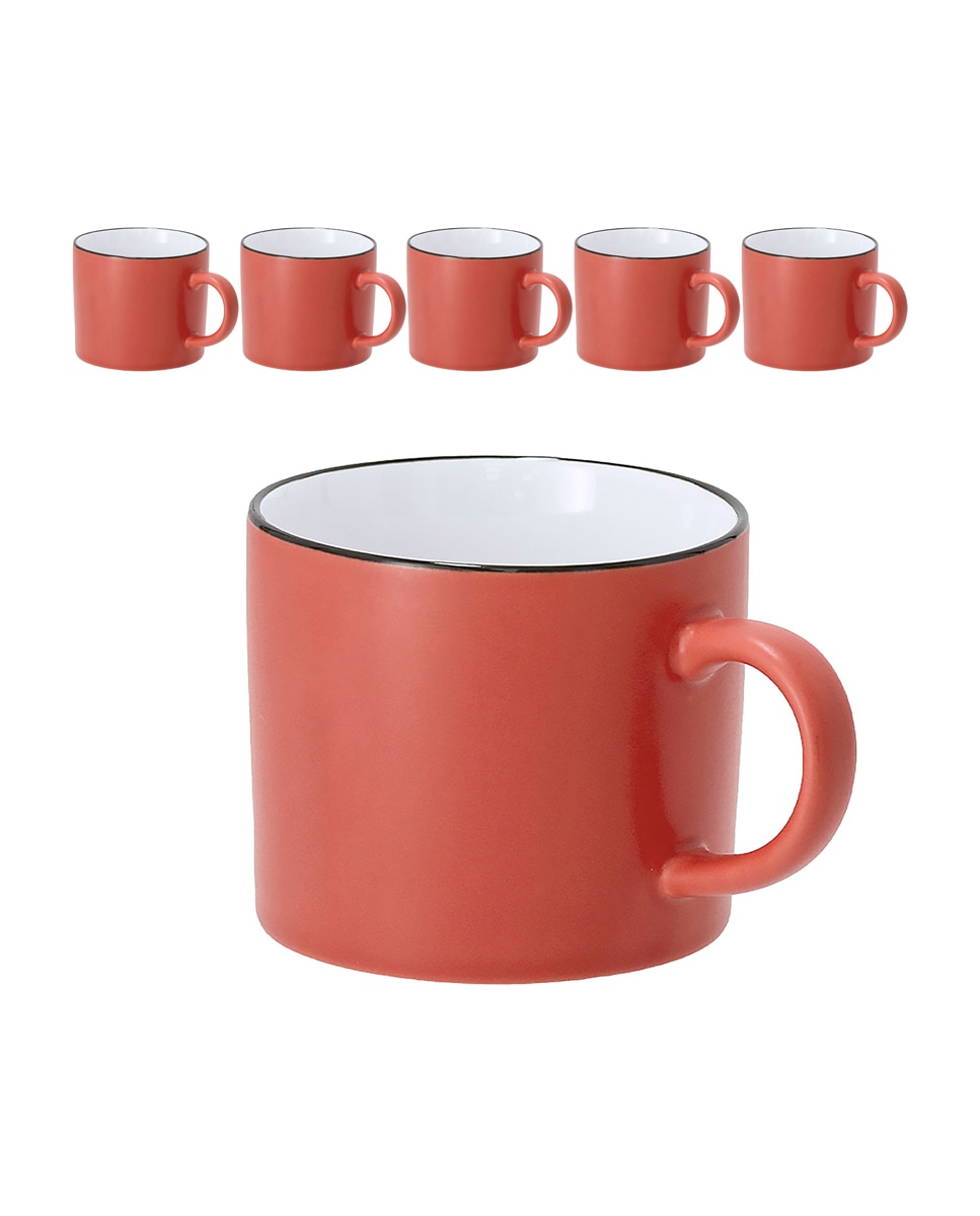 Imagen 0 de Pack de 6 Tazas de cerámica de 400 ml de capacidad de acabado exterior mate y borde en color negro.