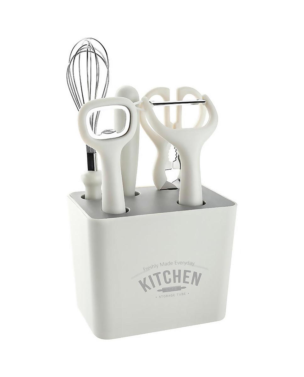 Imagen 0 de Juego de 5 utensilios de cocina multifuncionales con soporte de almacenamiento, incluye cuchillo, mezclador, tijeras, abrelatas y pelador.