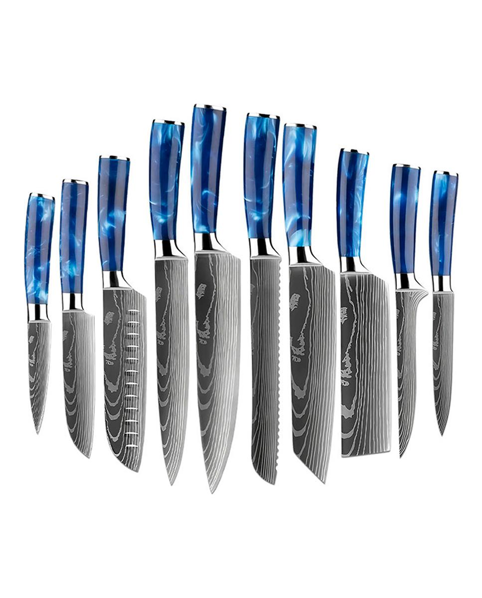 Imagen 0 de Set de cuchillos de chef con 10 piezas estilo Damasco con diseño elegante y mango ergonómico con extremos de acero.
