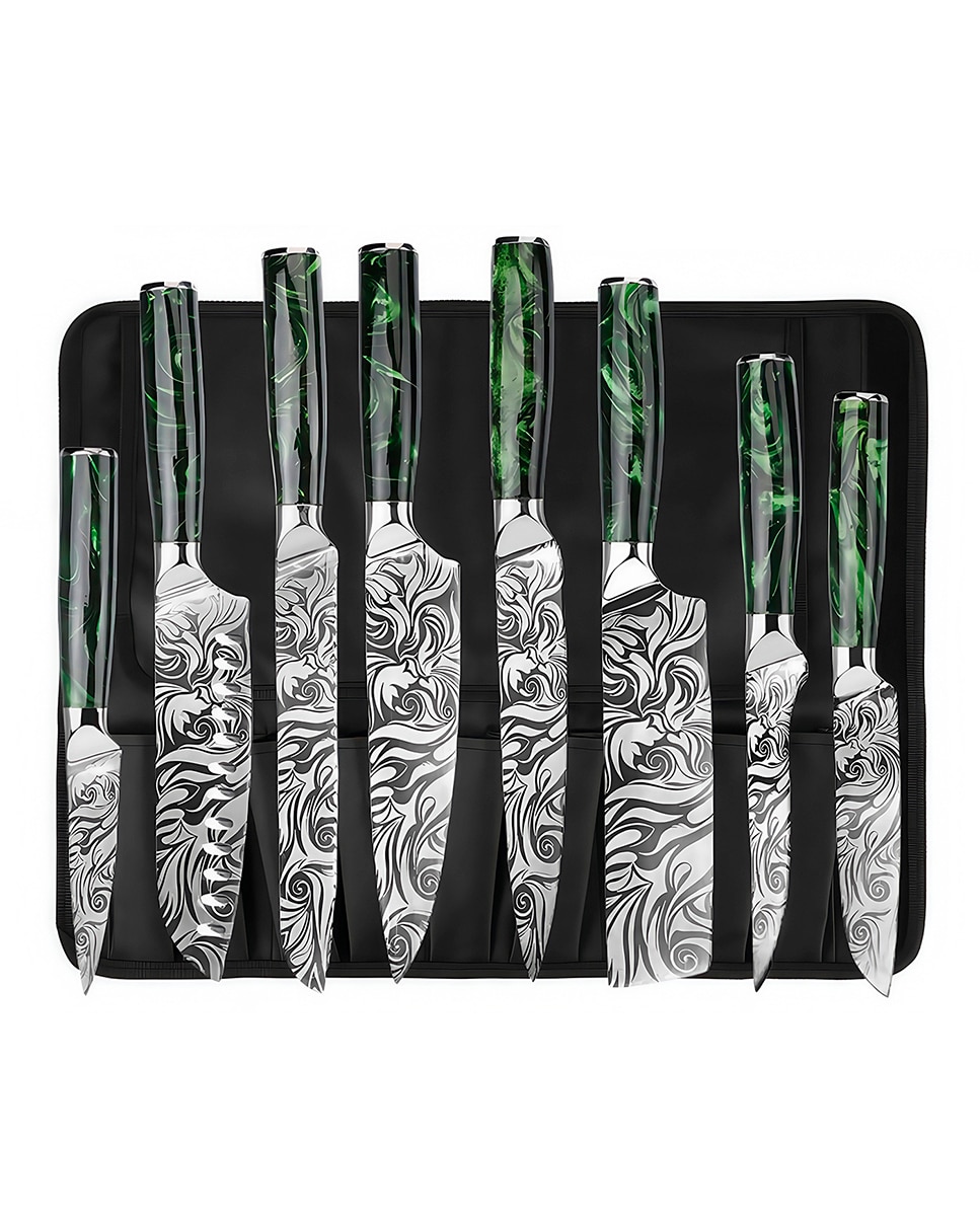 Imagen 0 de Set de cuchillos con estilo Damasco y mango de resina. Cuenta con 11 piezas y funda de transporte.