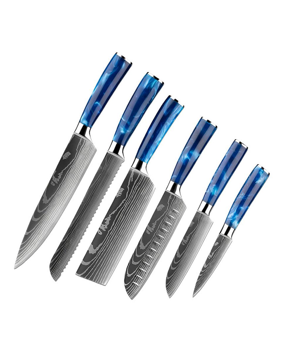 Imagen 0 de Set de cuchillos de chef con 6 piezas estilo Damasco con diseño elegante y mango ergonómico con extremos de acero.