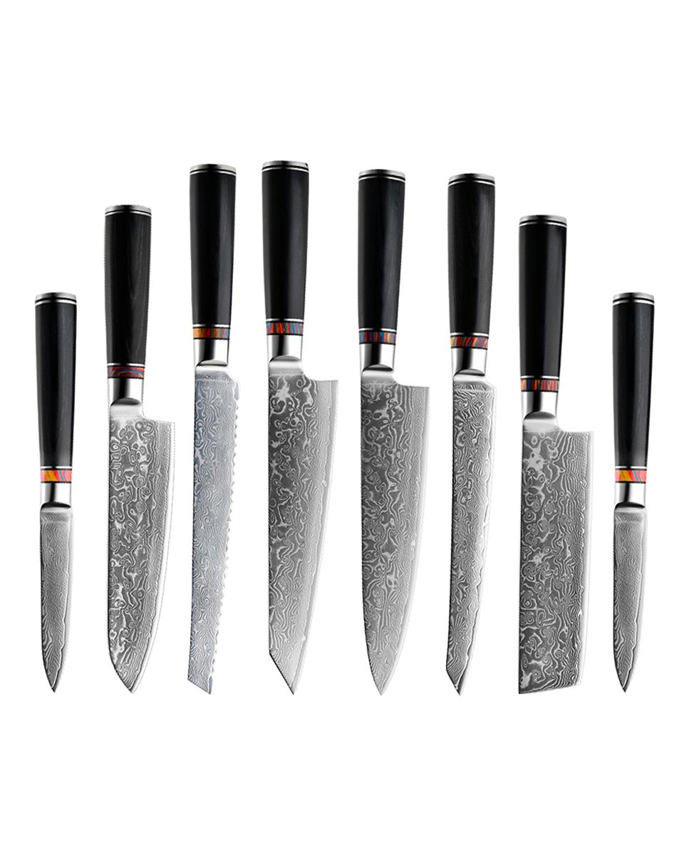 Imagen 0 de Set de cuchillos de cocina 8 en 1 estilo Damasco con diseño elegante y mango de madera negra con extremos de acero.