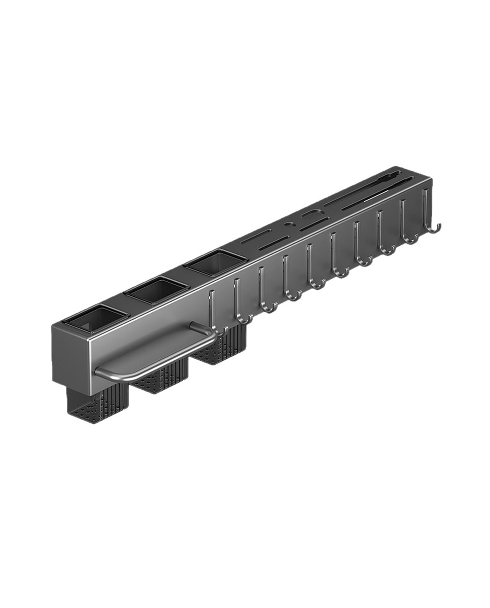 Imagen 0 de Soporte metálico multifuncional para pared con ventosa, diseñado para organizar utensilios de cocina de forma práctica, con múltiples compartimentos.