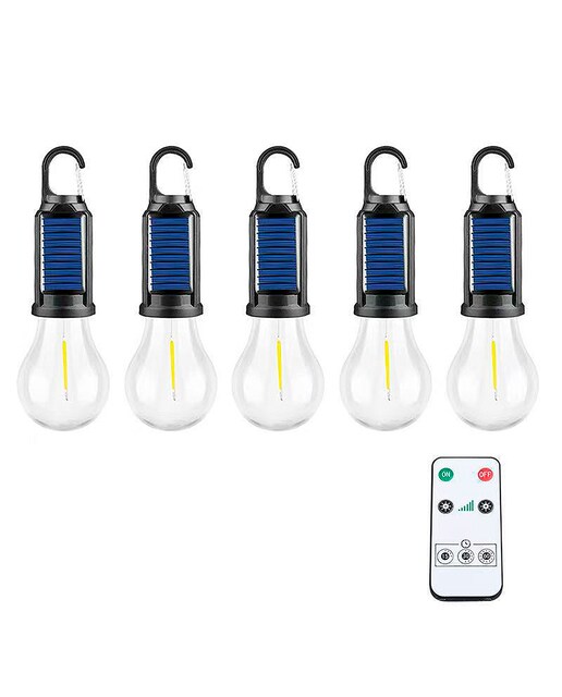 Imagen 0 de Set de 5 bombillas LED solares con gancho para colgar, batería recargable, control remoto con temporizador e intensidad.