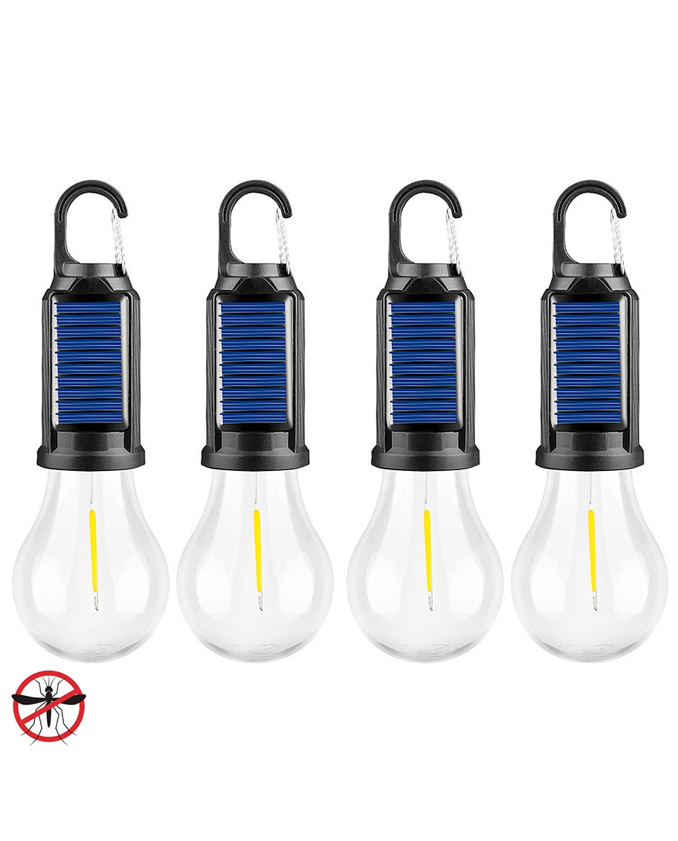 Imagen 0 de Pack de 4 bombillas LED T01 con carga solar y anti mosquitos, con gancho para colgar, batería recargable de 400mAh,