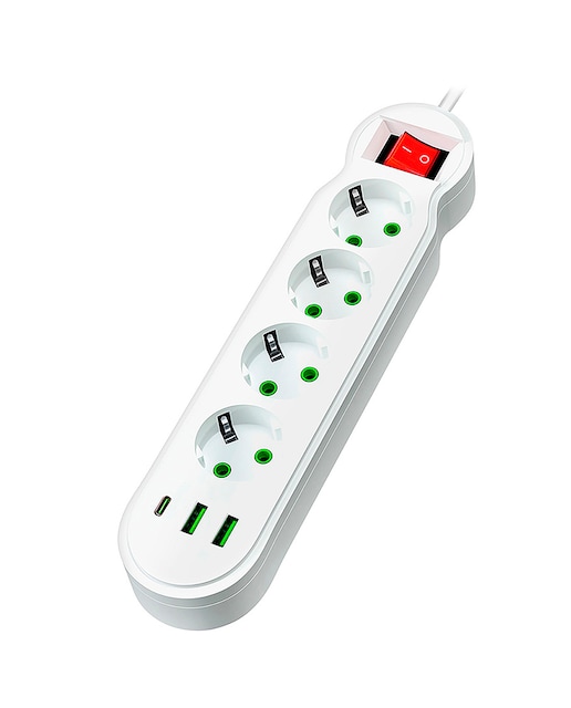 Imagen 0 de Regleta multifunción con interruptor y 2500W. Con 4 enchufes EU, 2 puertos USB y 1 puerto USB C.
